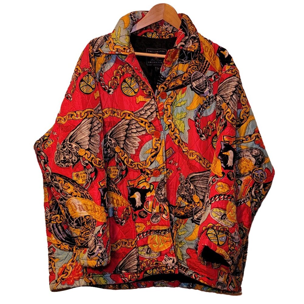 1980s / 90s The Limited Silk Baroque Print Jungle Quilted Coat Oversize